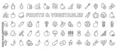 Fruits and vegetables icons in line design. fruits and vegetables, apple, orange, banana, carrot, tomato, cucumber on white background vector. Fruits and vegetables editable stroke icons