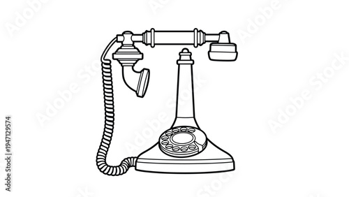 Simple black and white line art drawing of an antique rotary dial telephone representing vintage communication technology and old school style.