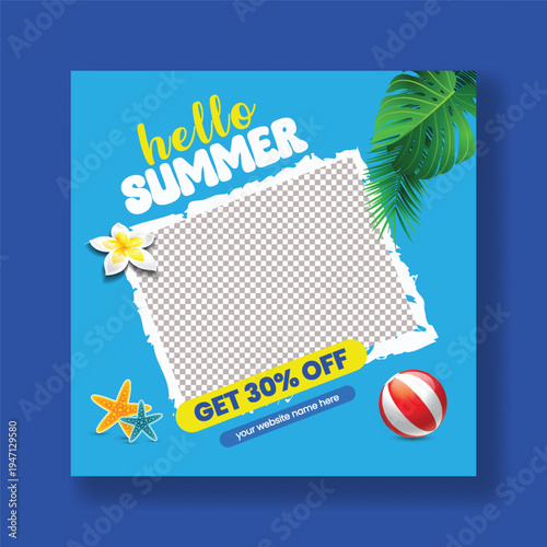 Tropical Summer Holiday Beach Party Flyer and Social Media Post Template, Editable Square Poster Layout, Pool Party Design, Vacation Sale Promotion, Palm Leaves, Marketing Advertisement, Web Banner