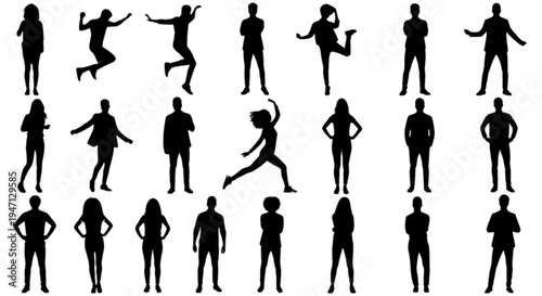 Set of 20 black human silhouettes vector