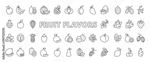 Fruit flavors icons in line design. fruit flavors, fruity taste, strawberry, orange, lemon, apple, mango on white background vector. Fruit flavors editable stroke icons