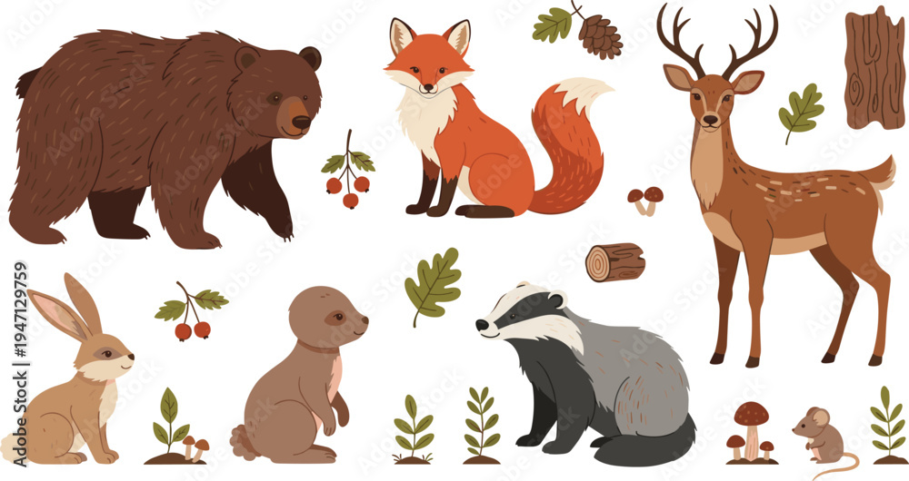 Fototapeta premium Forest woodland animals collection with bear fox deer badger rabbit and mouse surrounded by leaves mushrooms and branches cute nature vector illustration set