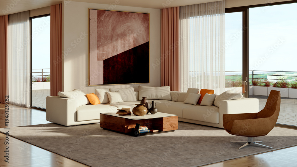 Naklejka premium Large luxury modern bright interiors Living room mockup illustration 3D rendering Generated Color Image