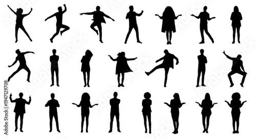 Set of 20 black silhouettes of people vector