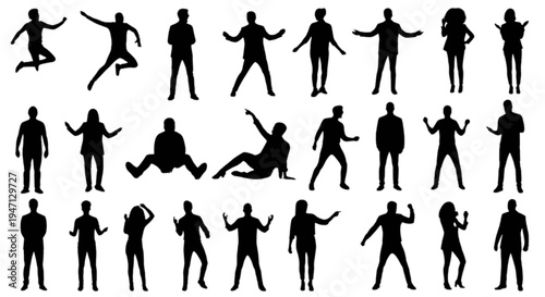 Set of 20 black human silhouettes vector