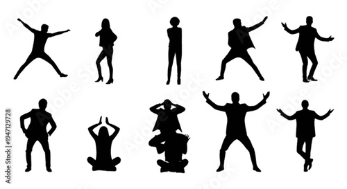 Set of 10 black human silhouettes vector