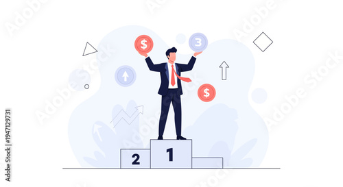 Businessman on Podium Holding Coins, Symbolizing Financial Success and Achievement