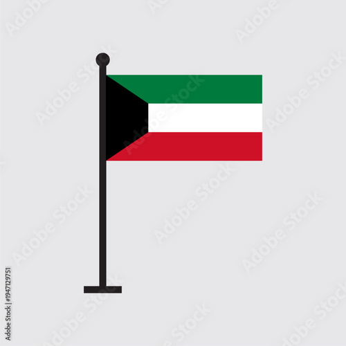 Kuwait flag with stick isolated on light gray background. Flat design.