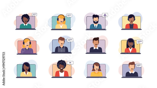Grid of twelve diverse people participating in a remote video conference call on laptop screens for business communication.
