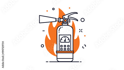 Modern icon of a white fire extinguisher standing in front of bright orange flames representing safety emergency response and fire prevention.