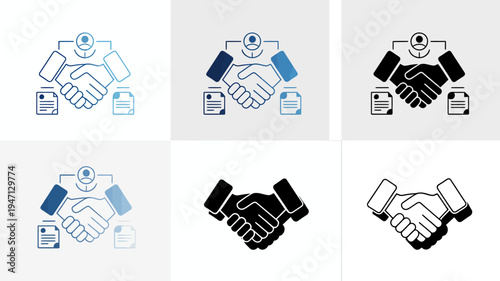 A series of six icons depict a handshake over documents presented in varying color schemes and styles high quality professional detailed modern elegant stylish clean crisp
