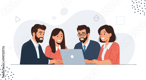 Diverse business team collaborating around a laptop, modern office setting, flat design illustration.
