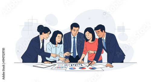 Business Team Collaborating on Financial Reports and Charts in Meeting