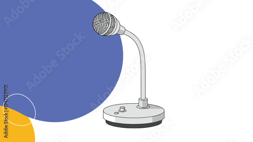 Illustration of a silver desk microphone on a flexible stand over an abstract background with blue and yellow circles for a podcast theme.
