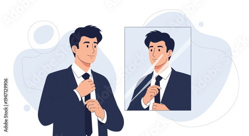 Man in Suit Adjusting Tie in Mirror, Professional Image
