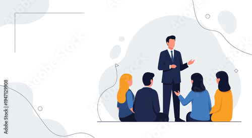 Business meeting: leader presenting to diverse team sitting on floor, flat design