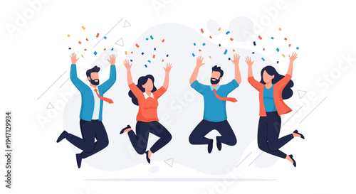 Happy Business People Jumping with Confetti, Celebrating Success