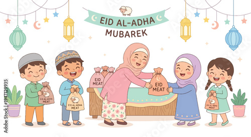 flat design illustration of dividing Idul Adha sacrificial meat