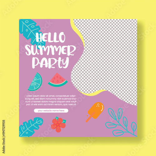 Tropical Summer Beach Party Flyer and Social Media Post Template, Editable Square Poster Layout, Pool Party Design, Holiday Vacation Sale Promotion, Marketing Advertisement, Web Banner Graphics