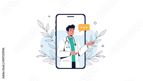 Male doctor appearing on a mobile phone screen for a virtual consultation session in a clean medical illustration style.