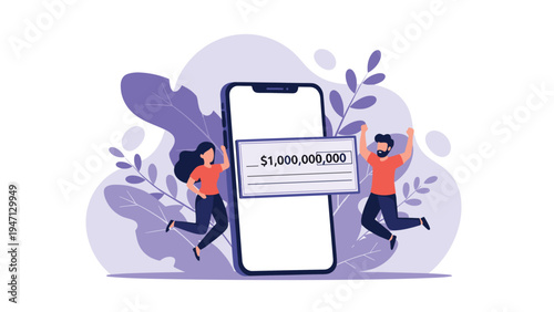 Happy man and woman jumping for joy in front of a giant smartphone displaying a check for one billion dollars as a prize winning.