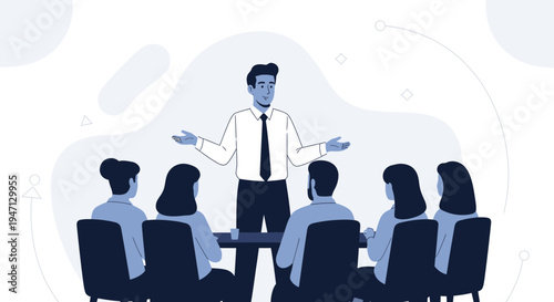 Business meeting: speaker presenting to seated audience in a modern office, flat design