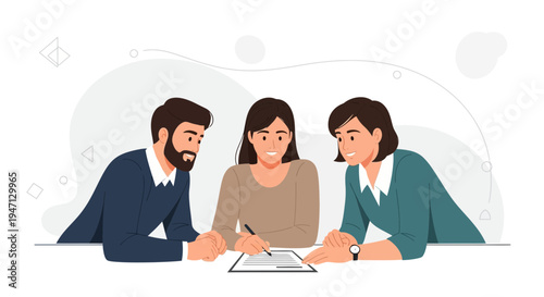 Business meeting: three professionals signing contract at table, teamwork concept