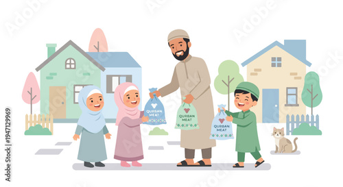 flat design illustration of dividing Idul Adha sacrificial meat