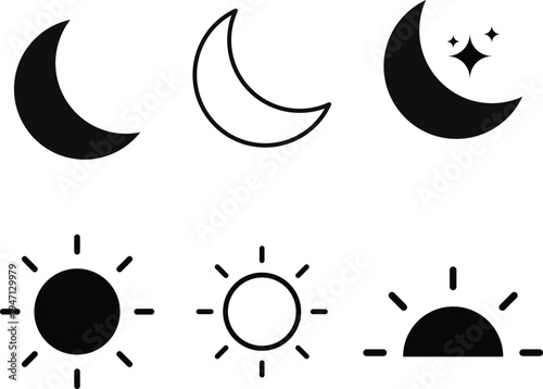 Sun and moon icons set. Day and Night icon symbol. Rising and setting sun. Screen brightness and contrast level signs. Daylight and darkness icon
