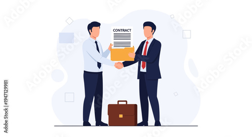 Businessmen shaking hands over contract document in folder, agreement concept