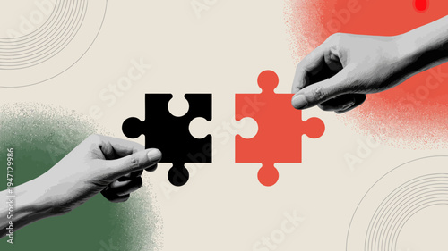 Two hands are shown connecting a black and red puzzle piece symbolizing collaboration problem solving and the fitting together of disparate elements high quality professional detailed