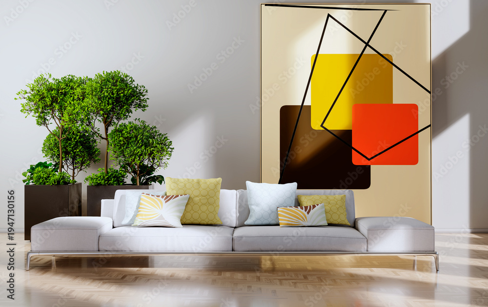 Naklejka premium Large luxury modern bright interiors Living room mockup illustration 3D rendering Generated Color Image