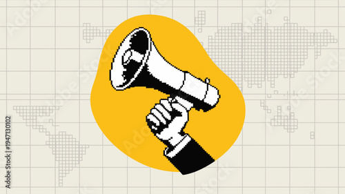 A black and white illustration depicts a hand firmly grasping a vintage megaphone against a vibrant yellow backdrop with a world map high quality professional detailed