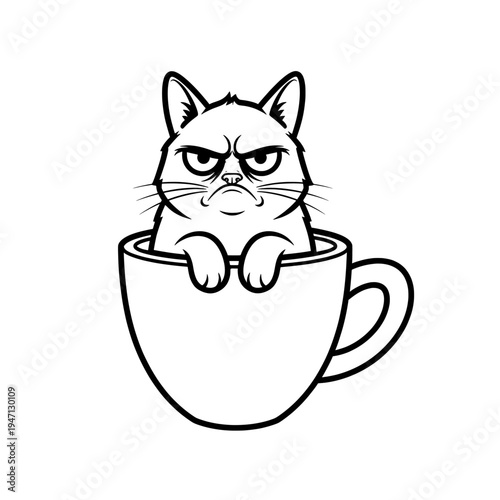Black and White Line Art of Grumpy Cat in Coffee Cup