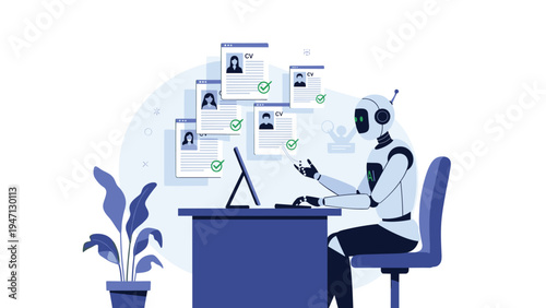 Modern robot sitting at a desk and using a computer to scan multiple resumes for an automated corporate recruitment process.