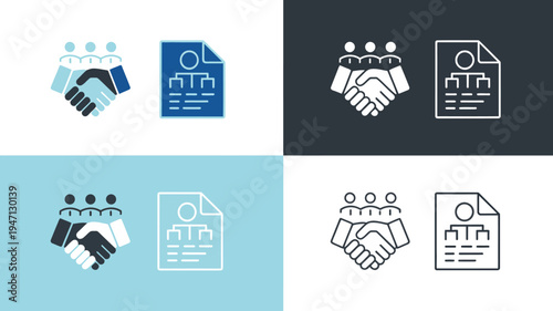 Four variations of a business deal icon showing a handshake with people and documents presented in different color schemes high quality professional detailed modern elegant stylish