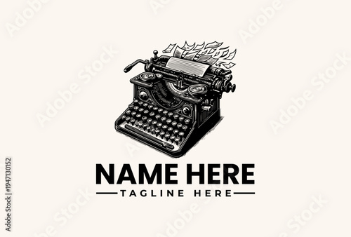 A black and white illustration of a vintage typewriter with flames coming out of it, surrounded by placeholder text for a logo or brand name on a plain beige background.