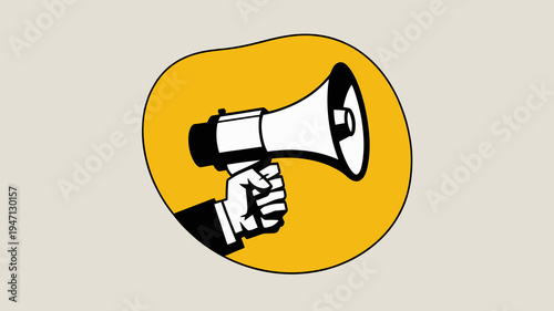 A stylized illustration depicts a hand firmly gripping a vintage megaphone set against a vibrant yellow circular background high quality professional detailed modern elegant stylish clean