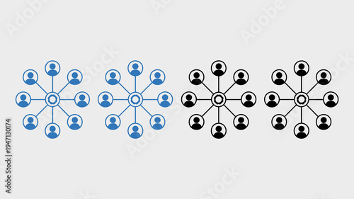 Four variations of a network diagram are shown progressing from fully connected with blue figures to fully disconnected with black figures high quality professional detailed modern