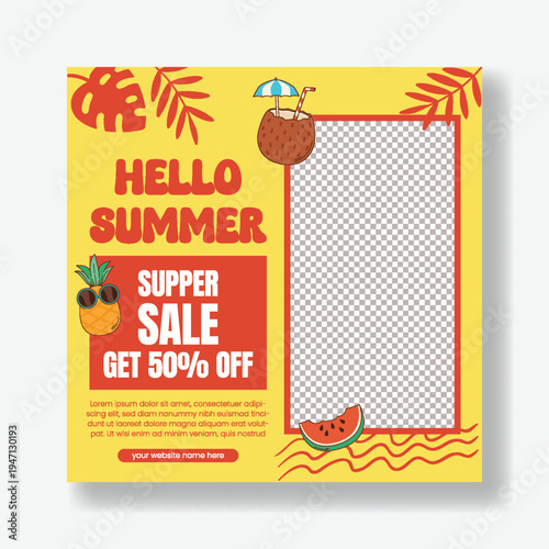 Summer Sale Social Media Flyer Poster Template Design Beach Pool Party Advertisement Website Banner Travel Promo Tropical Background Marketing Graphics