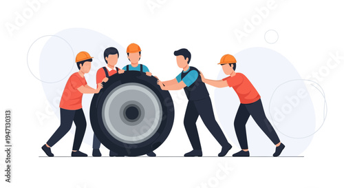 Teamwork pushing a large tire, symbolizing collaboration and shared effort
