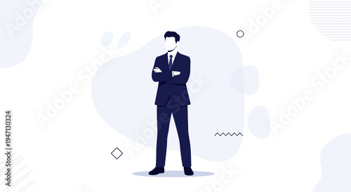 Confident businessman standing with arms crossed, modern abstract background, business concept