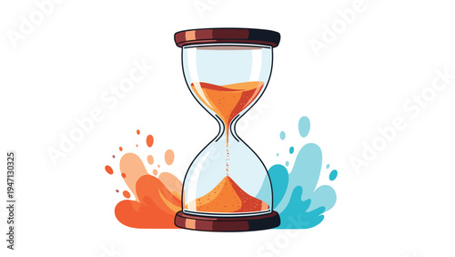 Colorful illustration of a glass hourglass with orange sand flowing through it set against vibrant abstract splashes of orange and blue.