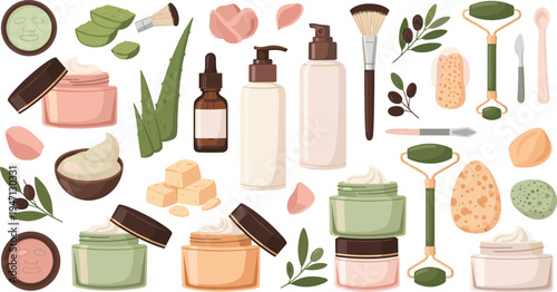 Natural skincare and beauty products collection with aloe vera creams bottles jade rollers and organic cosmetic ingredients spa wellness vector illustration set