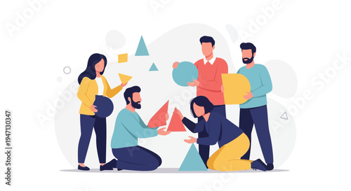 Teamwork and collaboration: people building with geometric shapes, business concept