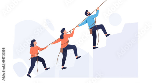 Teamwork climbing mountain, people helping each other reach success, collaboration