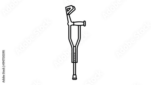 Minimalist line art drawing of a single medical crutch used for supporting weight and providing mobility for patients with leg injuries.