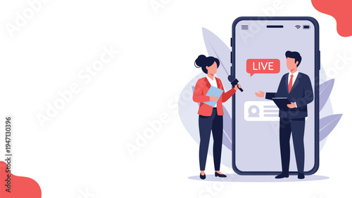 Female journalist interviewing a businessman on a giant smartphone screen for a live news broadcast in a modern flat illustration.