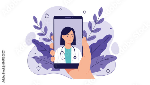 Close-up of a hand holding a smartphone with a female doctor on the screen for a remote telemedicine consultation session.