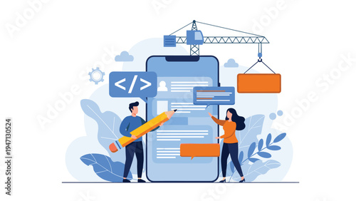 Two developers using tools and a crane to build a mobile application interface on a giant smartphone screen for software design.